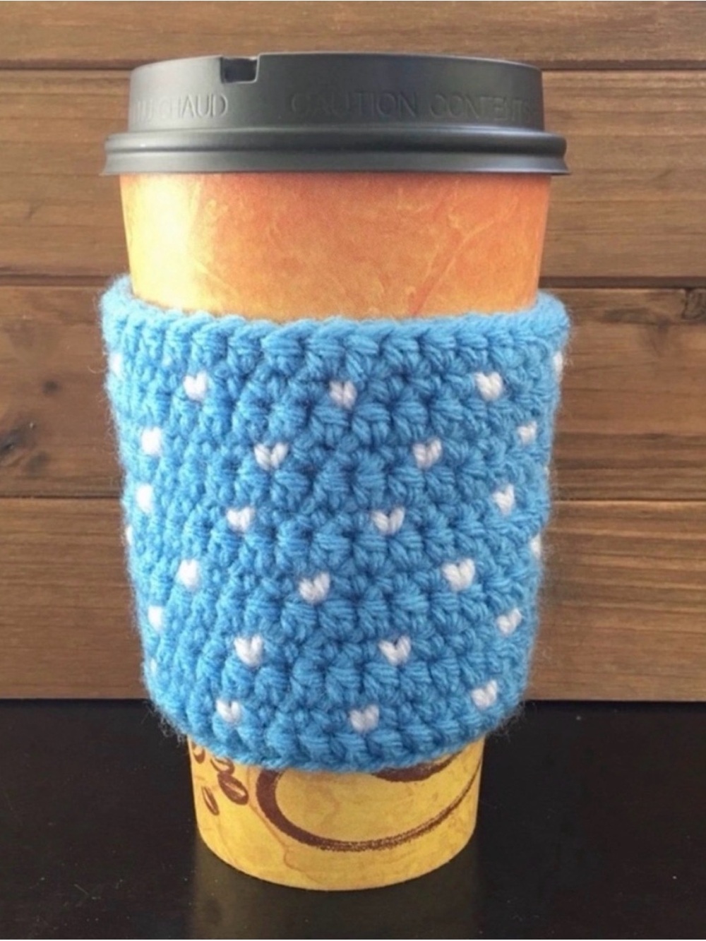 Handmade Blue Crochet Coffee Sleeve with White Accent